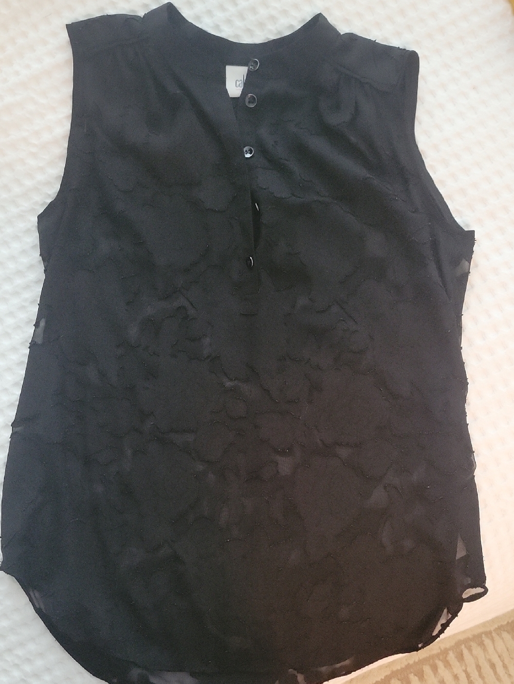 CAbi Black Sleeveless Textured Floral Burnout Blouse